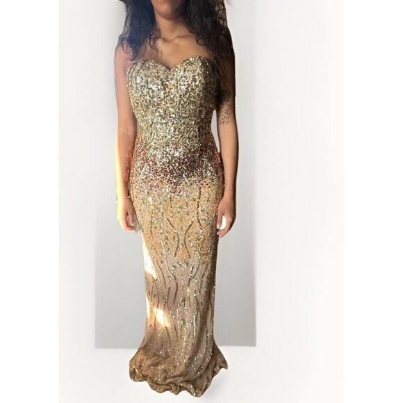 SCALA Size 2 Strapless Gold Sequin Beaded Silk Maxi Dress Gown Slit Zip